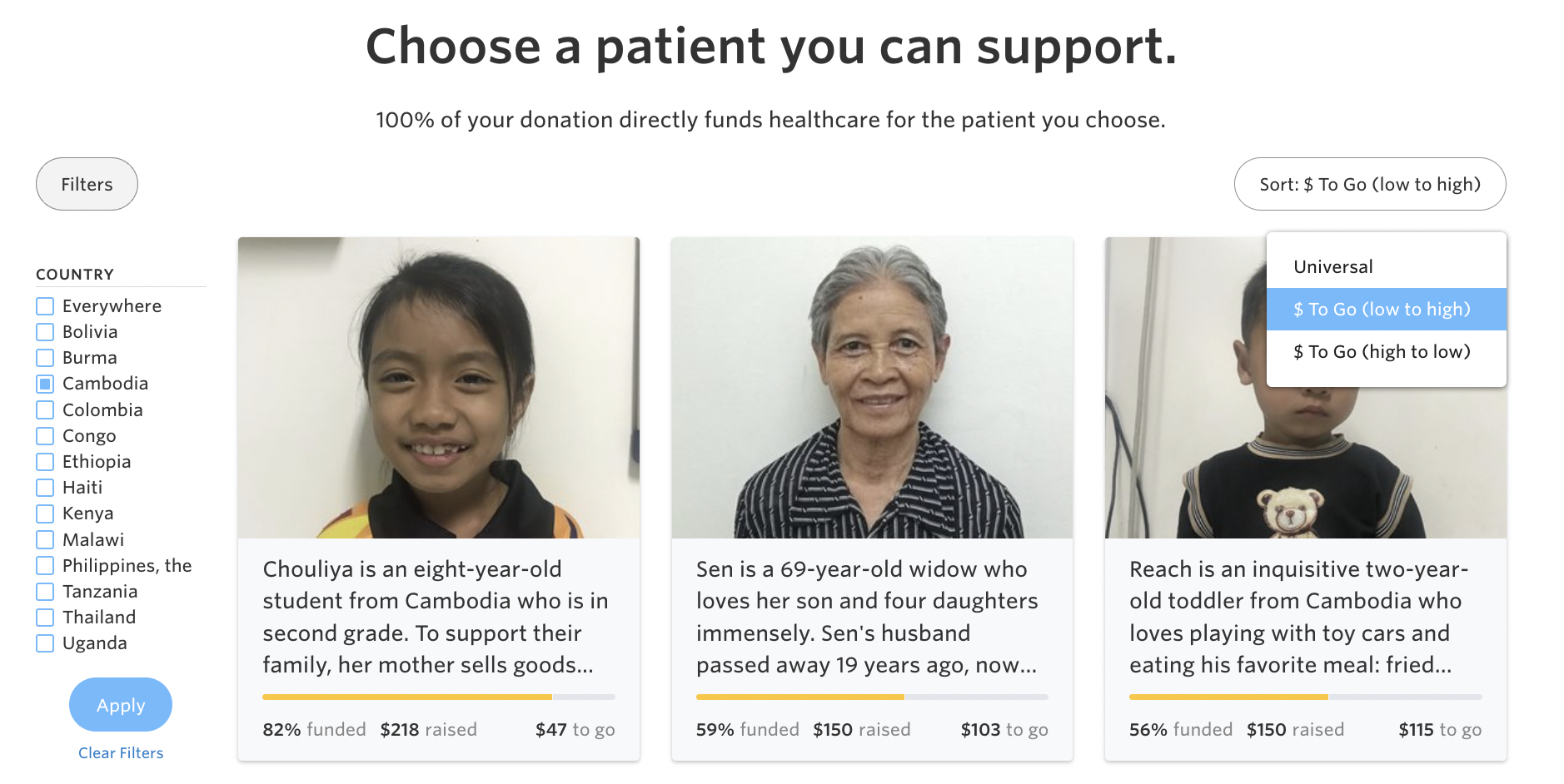 Screenshot of the Fund Treatments page showing patients on Watsi.org