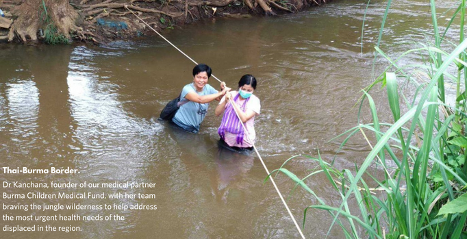 A photo of Dr Kanchana Thornton with her team crossing a river to provide life-changing medical care to the displaced in the region.