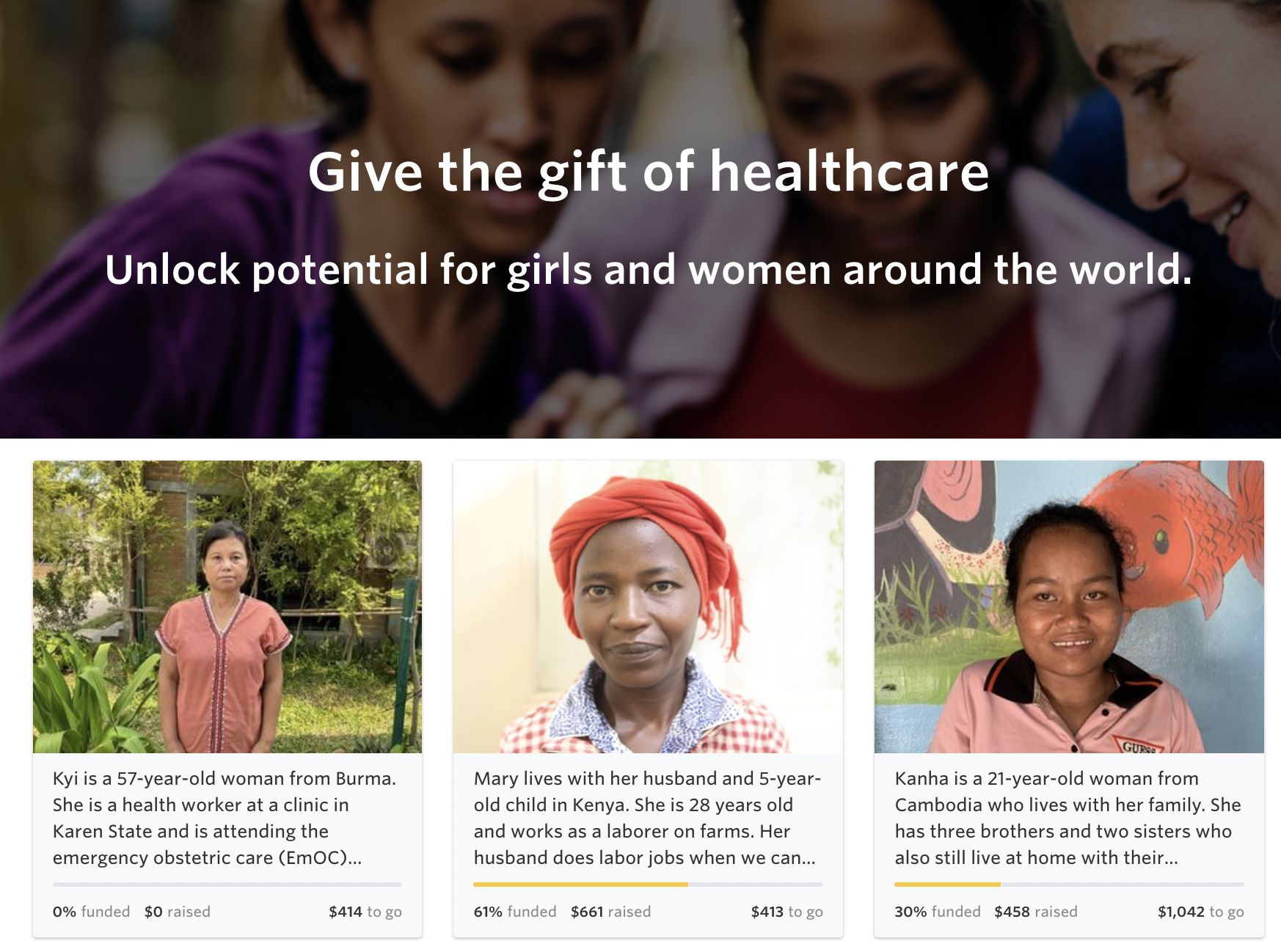 A screenshot of a Watsi page showing girls and women who need support to fund their surgeries